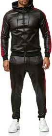 Men's 2 Pieces Tracksuits PU Leather Casual Running Jogging Athletic Outfits Suit Full Zip Sports Sweatsuits (size: L)