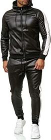 Men's 2 Pieces Tracksuits PU Leather Casual Running Jogging Athletic Outfits Suit Full Zip Sports Sweatsuits (size: M)