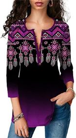 Womens V Neck Chiffon Blouses Casual Balloon Sleeve Floral Print Shirts Tops (Color: Purple-XL)