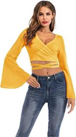 Women's Sexy Tie Up Crop Top Ladies Flared Sleeve Deep V Neck Casual Basic T Shirt (Color: YELLOW-L)