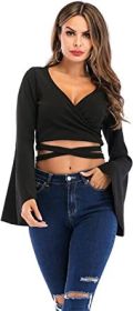 Women's Sexy Tie Up Crop Top Ladies Flared Sleeve Deep V Neck Casual Basic T Shirt (Color: BLACK-M)