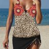 Leopard Floral Print Patchwork Tankini, Drawstring V Neck High Strech Color Block Swimsuit, 2 Piece Set, Women's Swimwear & Clothing