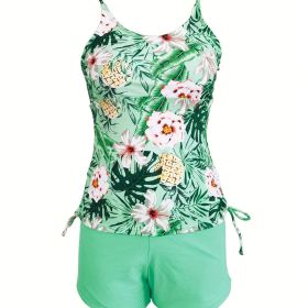 Floral & Plant All Over Print Drawstring Side Tank Top Solid Color Boxer Short Two Piece Tankini Sets Swimsuit, Women's Swimwear (Color: Light Green)