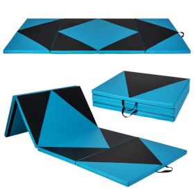 4-Panel PU Leather Folding Exercise Gym Mat with Hook and Loop Fasteners (Color: Black & Turquoise)