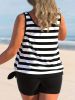 Plus Size Casual Tankini Set, Women's Plus Ribbed Stripe Print High Stretch Tank Top & Shorts Tankini Two Piece Set