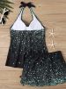 Glitter Galaxy Print Halter 2 Piece Tankini Swimsuit, Tie Neck Backless Drawstring V Neck Stretchy Bathing Suit, Women's Swimwear & Clothing