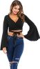 Women's Sexy Tie Up Crop Top Ladies Flared Sleeve Deep V Neck Casual Basic T Shirt