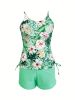 Floral & Plant All Over Print Drawstring Side Tank Top Solid Color Boxer Short Two Piece Tankini Sets Swimsuit, Women's Swimwear