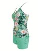 Floral & Plant All Over Print Drawstring Side Tank Top Solid Color Boxer Short Two Piece Tankini Sets Swimsuit, Women's Swimwear